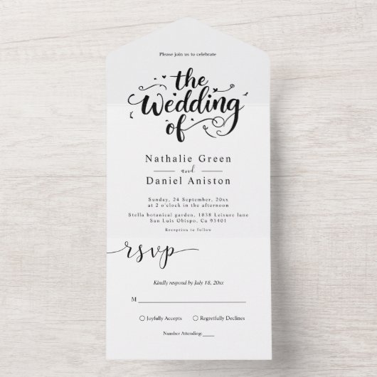 Elegantes Script Schwarz und Weiß Moderne Hochzeit All In One Einladung (Innen Boden)