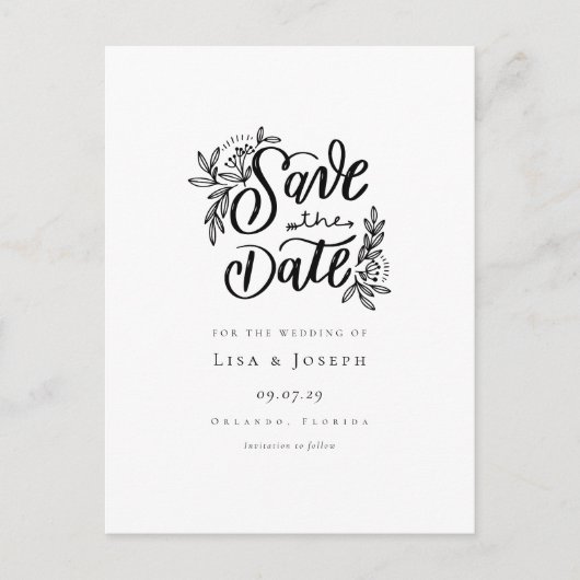 Elegantes Script, Schwarz und Weiß Save the Date Ankündigungspostkarte (Vorderseite)