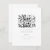 Elegantes Script, Schwarz und Weiß Save the Date Ankündigungspostkarte (Vorne/Hinten)