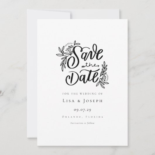 Elegantes Script, Schwarz und Weiß Save the Date Einladung (Vorderseite)
