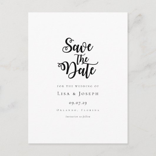 Elegantes Script, Schwarz und Weiß Save the Date Postkarte (Vorderseite)