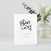 Elegantes Script, Schwarz und Weiß Save the Date Postkarte (Stehend Vorderseite)