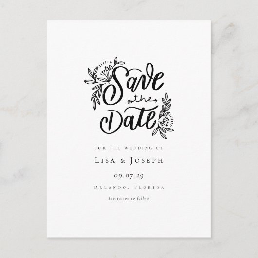 Elegantes Script, Schwarz und Weiß Save the Date Postkarte (Vorderseite)