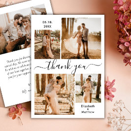 Elegantes Script Schwarz-weiß 4 Foto Collage Weddi Dankeskarte