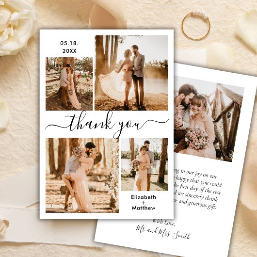 Elegantes Script Schwarz-weiß 4 Foto Collage Weddi Dankeskarte