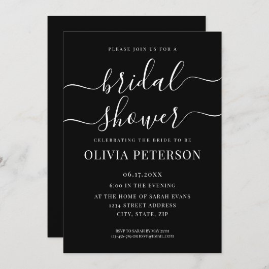 Elegantes Script, Schwarz-Weiß-Brautparty Einladung (Vorne/Hinten)
