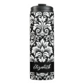 Elegantes Script Schwarz-weiß Damask Muster Thermosbecher (Vorderseite)
