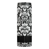 Elegantes Script Schwarz-weiß Damask Muster Thermosbecher (Rückseite)