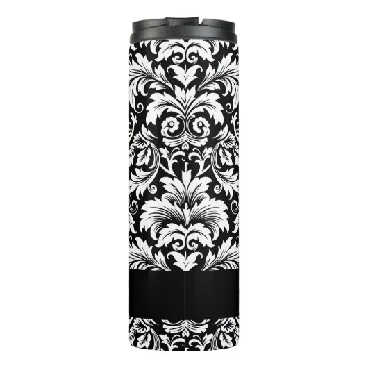 Elegantes Script Schwarz-weiß Damask Muster Thermosbecher (Rückseite)