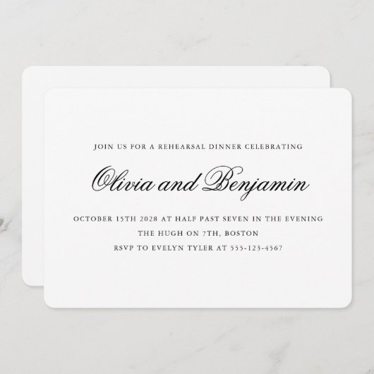 Elegantes Script Schwarz-weiß Formale Probe Abende Einladung (Vorne/Hinten)