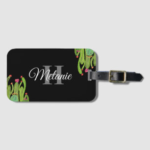 Elegantes Script Schwarz-weiß Girly Floral Monogra Gepäckanhänger