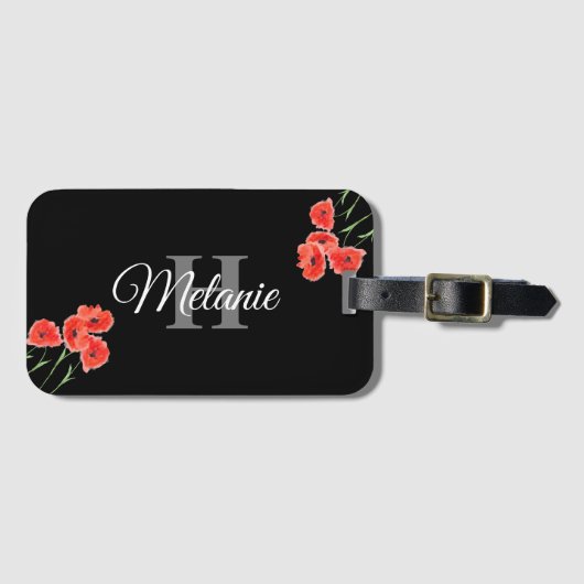 Elegantes Script Schwarz-weiß Girly Floral Monogra Gepäckanhänger (Vorderseite (Horizontal))