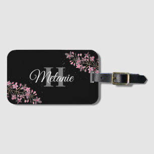 Elegantes Script Schwarz-weiß Girly Floral Monogra Gepäckanhänger