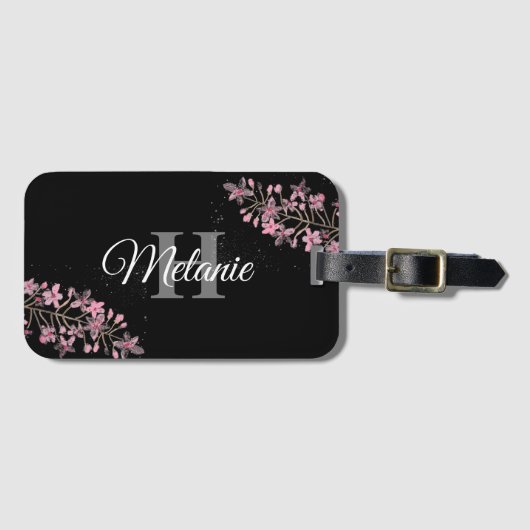 Elegantes Script Schwarz-weiß Girly Floral Monogra Gepäckanhänger (Vorderseite (Horizontal))