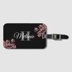 Elegantes Script Schwarz-weiß Girly Floral Monogra Gepäckanhänger