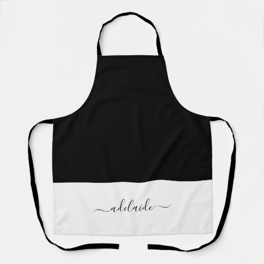Elegantes Script Schwarz-weiß Girly Monogram Kitch Schürze (Vorderseite)