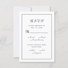 Elegantes Script Schwarz-weiß Hochzeitsszenario RSVP Karte