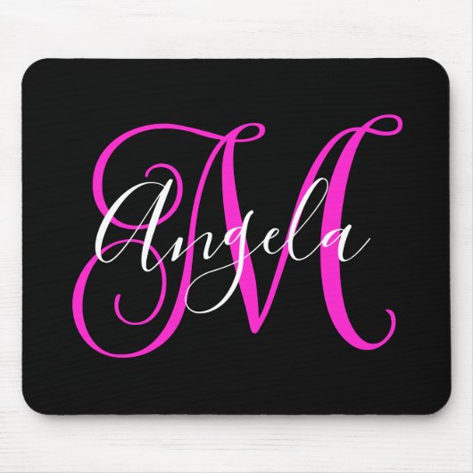 Elegantes Script Schwarz-weiß Hot Magenta Monogram Mousepad (Vorne)