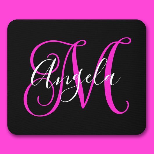 Elegantes Script Schwarz-weiß Hot Magenta Monogram Mousepad