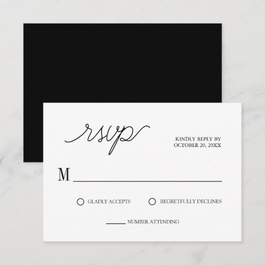 Elegantes Script Schwarz & Weiß Minimal Wedding RSVP Karte (Vorne/Hinten)