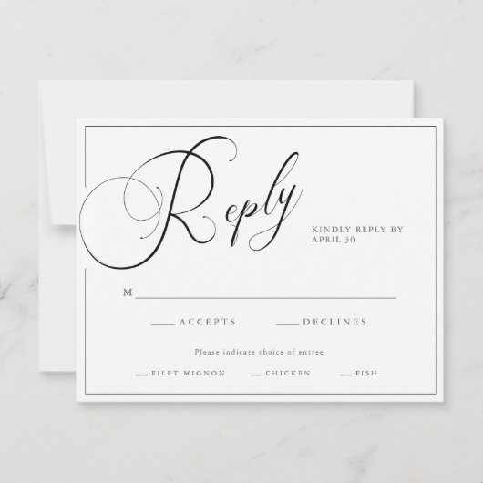 Elegantes Script Schwarz & Weiß mit Entrees Weddin RSVP Karte (Vorderseite)