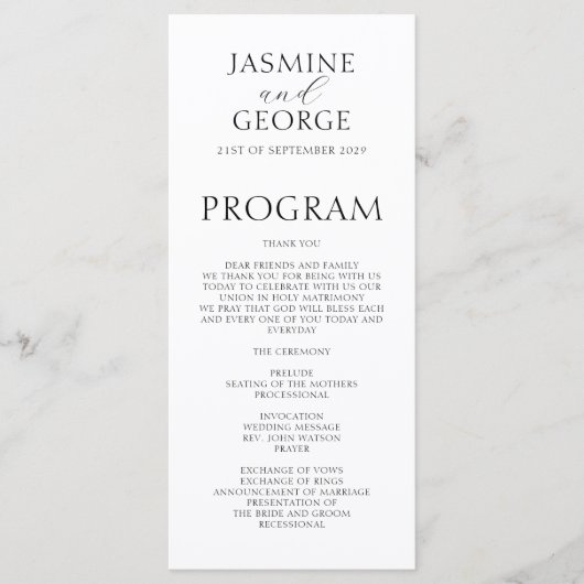 Elegantes Script Schwarz & Weiß Moderne Hochzeit Programm (Vorderseite)