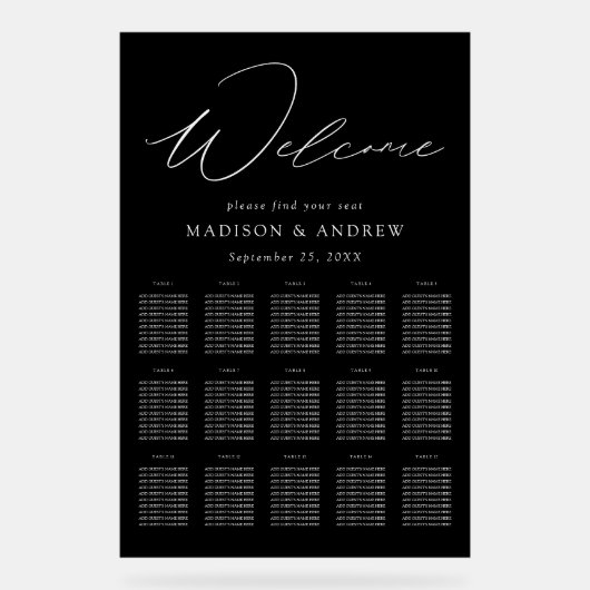 Elegantes Script Schwarz-Weiß-Sitzdiagramm Acrylschild (Vorderseite)