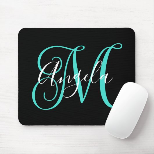 Elegantes Script Schwarz-weiß und Türkismonogramm Mousepad (Mit Mouse)