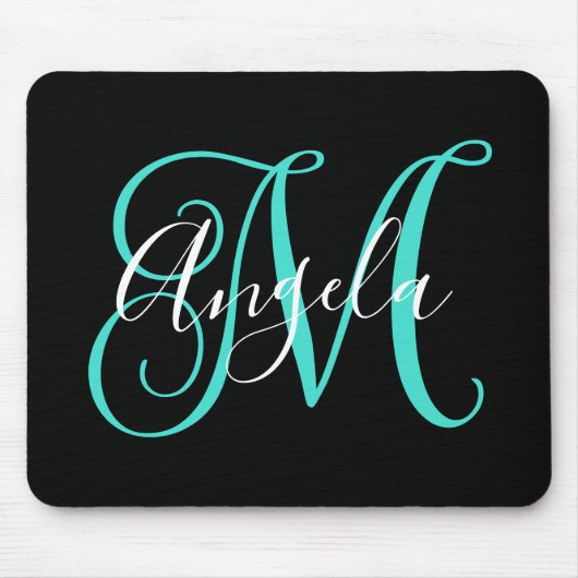 Elegantes Script Schwarz-weiß und Türkismonogramm Mousepad (Vorne)