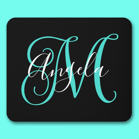 Elegantes Script Schwarz-weiß und Türkismonogramm Mousepad