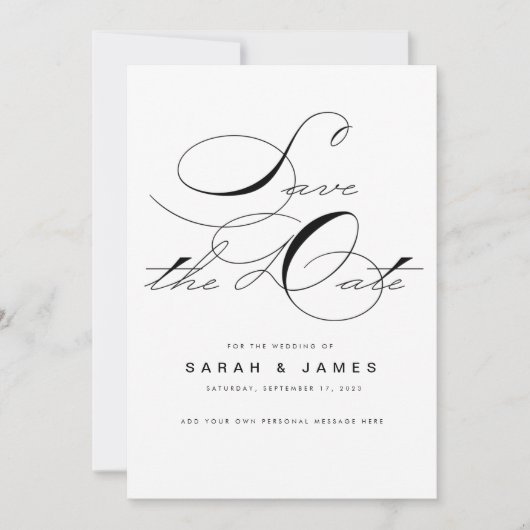 Elegantes Script Schwarz-weiß Wedding Save the Dat Save The Date (Vorderseite)