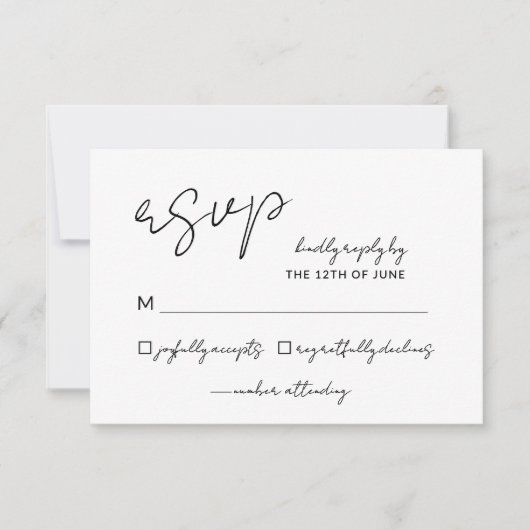 Elegantes Script Schwarz-weiß Wedding Simple RSVP Karte (Vorderseite)