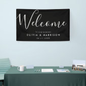 Elegantes Script Schwarz-weiß Wedding Welcome Sign Banner (Messeveranstaltung)