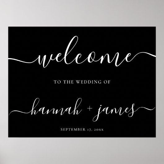 Elegantes Script Schwarz-weiß Wedding Welcome Sign Poster (Vorne)