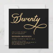 Elegantes Script Siebziges Schwarzes Gold 70. Gebu Einladung (Vorderseite)