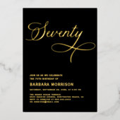 Elegantes Script Siebziges Schwarzes Gold 70. Gebu Folieneinladung (Vorderseite)