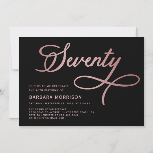 Elegantes Script Siebzigste Rose Gold 70. Geburtst Einladung (Vorderseite)