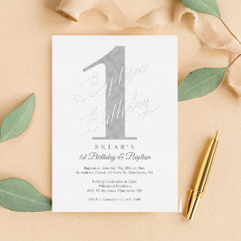 Elegantes Script Silver Baby 1. Geburtstag & Taufe Folieneinladung