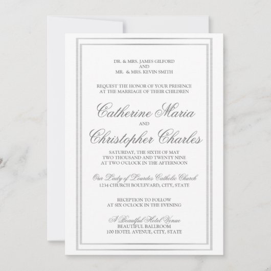 Elegantes Script-Silver-Border-Hochzeitsempfang Einladung (Vorderseite)