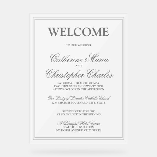 Elegantes Script Silver Border Wedding Willkommen Acrylschild (Vorderseite)