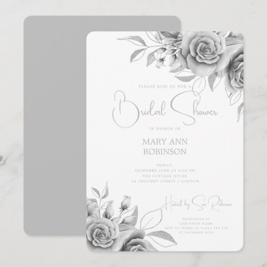 Elegantes Script Silver Floral Brautparty Einladung (Vorne/Hinten)