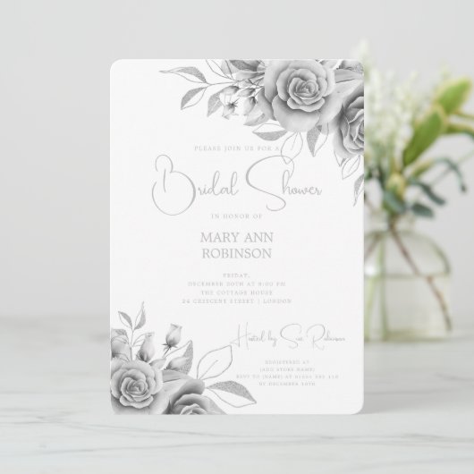 Elegantes Script Silver Floral Brautparty Einladung (Stehend Vorderseite)