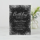 Elegantes Script Silver Glitzer Black 18. Geburtst Einladung (Stehend Vorderseite)