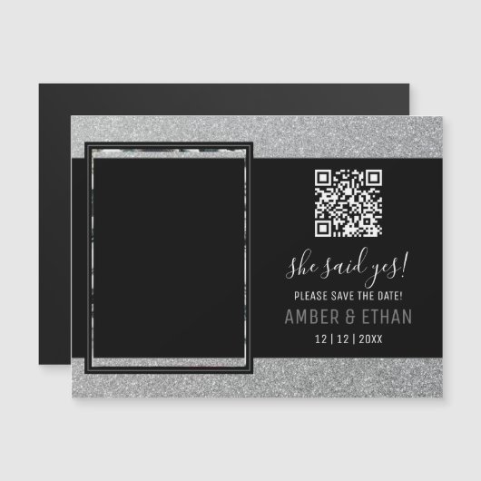Elegantes Script Silver Glitzer Foto Save the Date Magnetkarte (Vorne/Hinten)