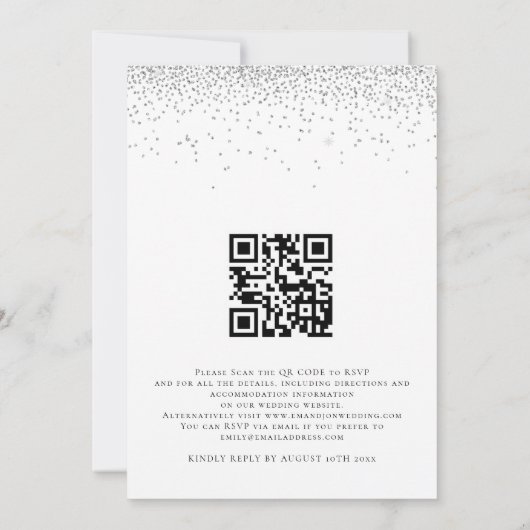 Elegantes Script Silver Glitzer QR Code Wedding In Einladung (Rückseite)