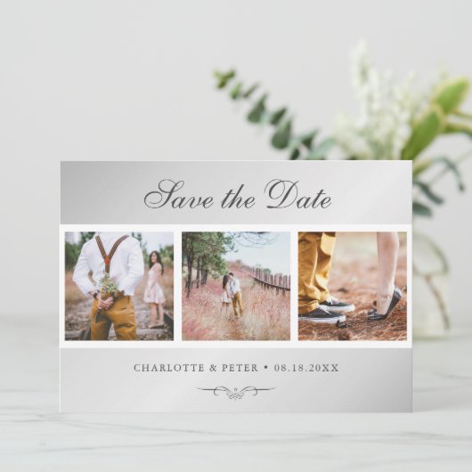 Elegantes Script Silver Wedding 3 Foto Save The Date (Stehend Vorderseite)