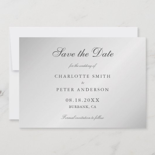 Elegantes Script Silver Wedding 3 Foto Save The Date (Rückseite)