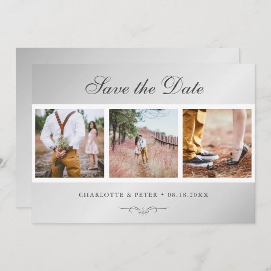 Elegantes Script Silver Wedding 3 Foto Save The Date (Vorne/Hinten)