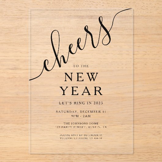 Elegantes Script Silvester-Party Acryleinladungen (Vorderseite)