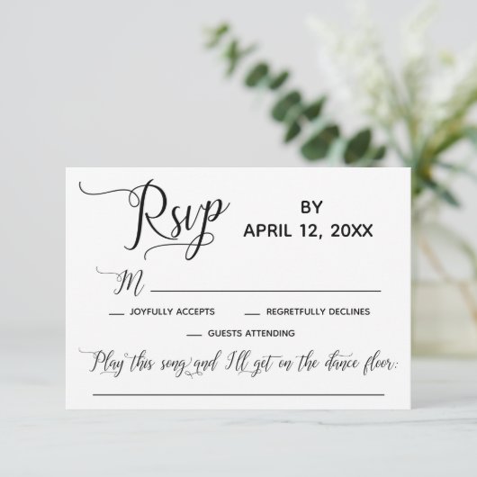 Elegantes Script Simple Song Request Wedding RSVP Karte (Stehend Vorderseite)